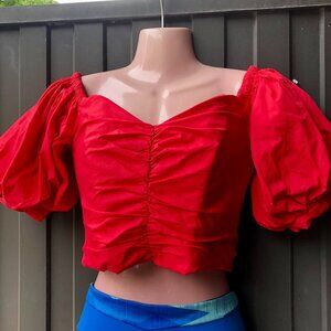 ♥️ NWT Mango Crop Top Red Puff Sleeve Ruched Romantic – Size S – Organic Cotton